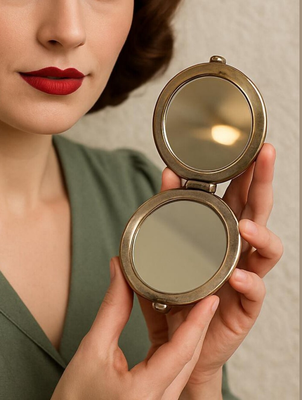 Vintage Embossed Silver Compact Mirror Mid Century Art Noveau Retro Pinup Girl